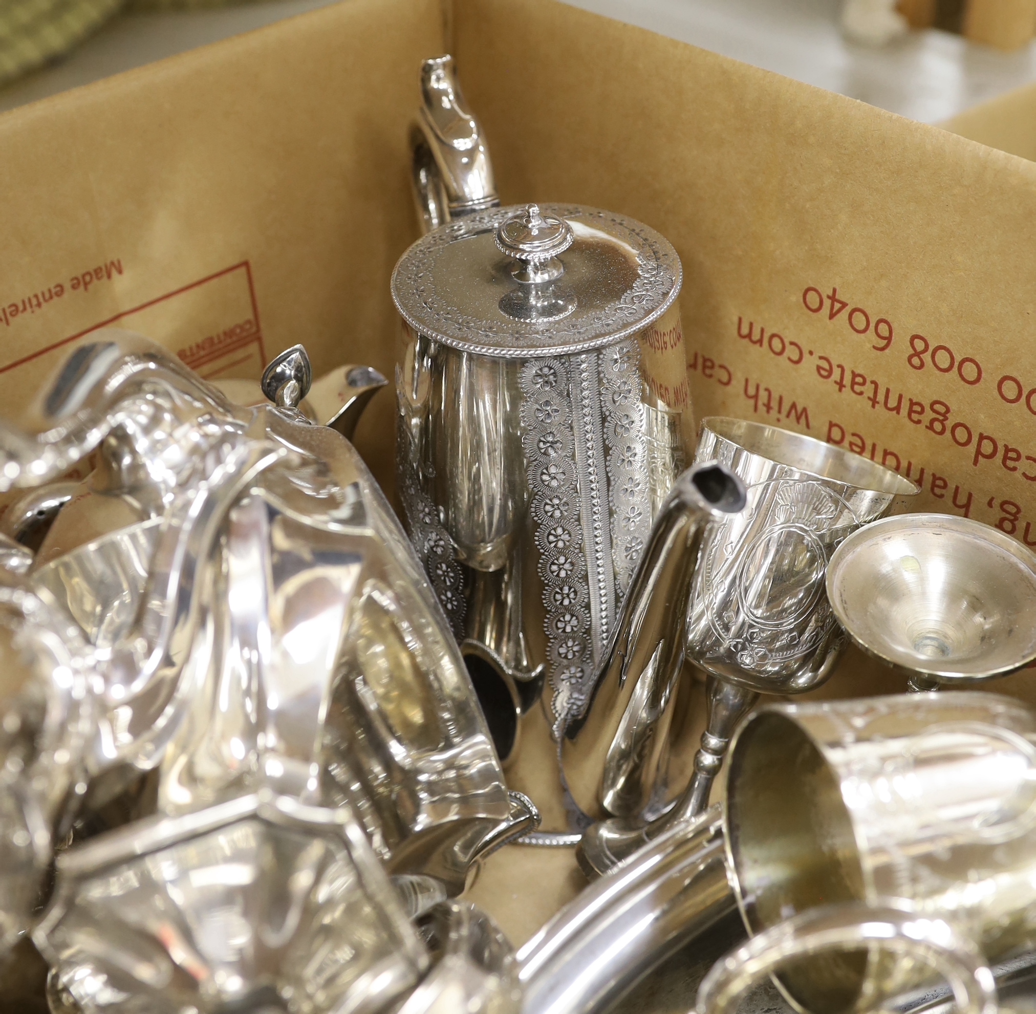 Various silver plated tea and coffee pots, dishes and goblets etc